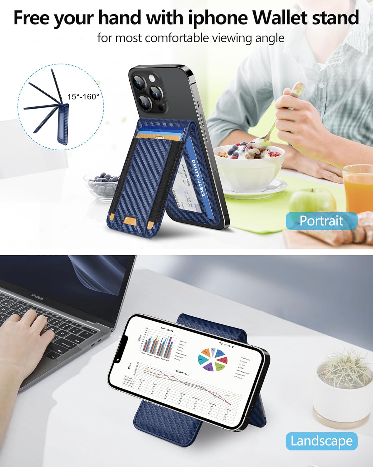 ExtreLife For Magsafe Wallet, Adjustable Stand and Open ID Window, Magnetic Wallet for iPhone 17/16/15/14 Pro Max/14 Pro/14/14 Plus/13/12 Series, 9 Cards, Blue Carbon Fiber