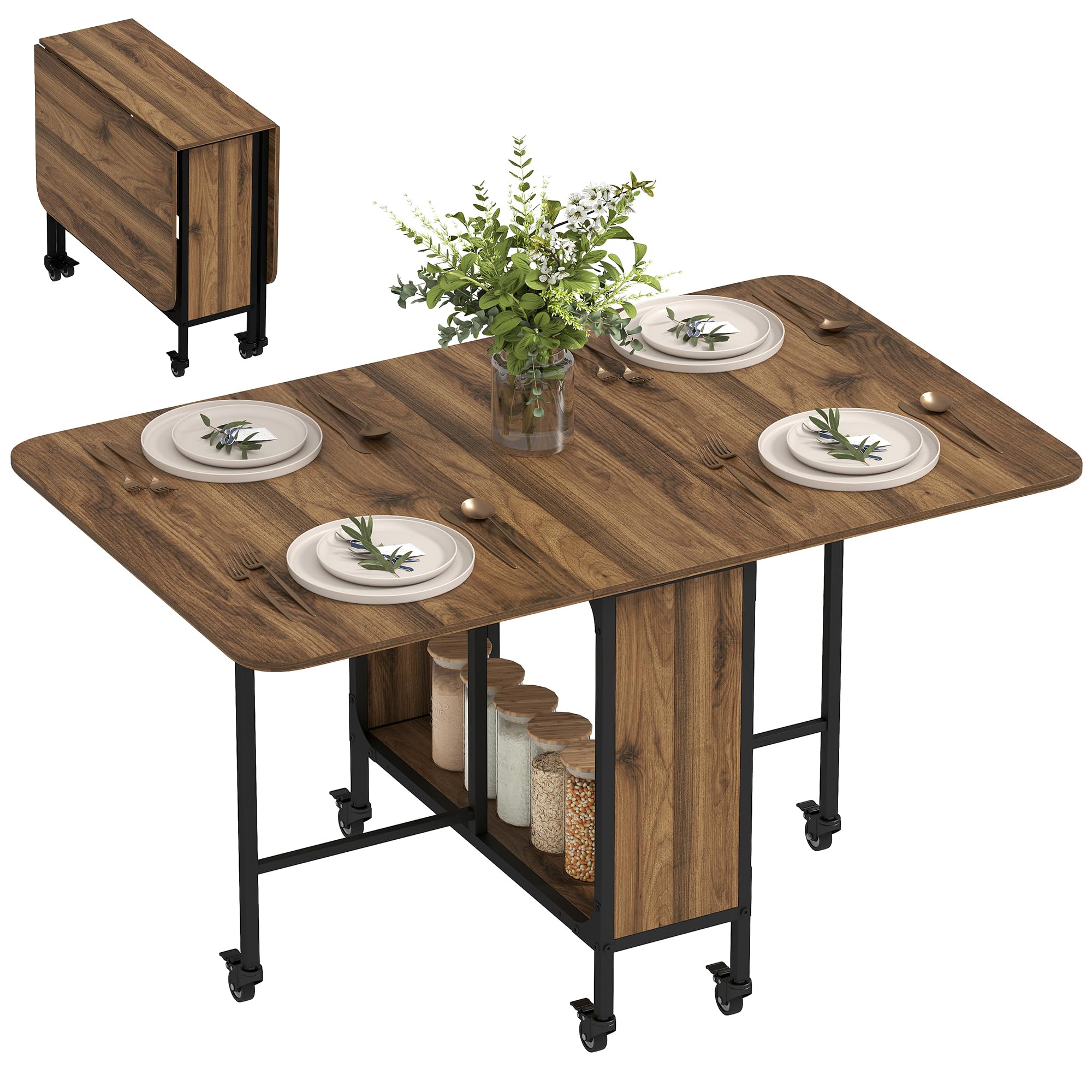 HOMCOM Mobile Drop Leaf Table, Folding Dining Table with 6 Wheels & Storage Shelf for Small Spaces, Kitchen, Dining Room, Light Brown
