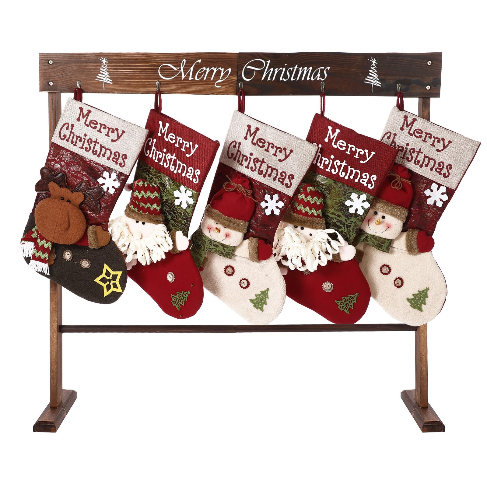 Wooden Christmas Stocking Holder Stand with 5 Hooks, 39.4 x 37.4 Inches Heavy Duty Freestanding Christmas Stocking Hanger Display for Floor Home Living Room Farmhouse