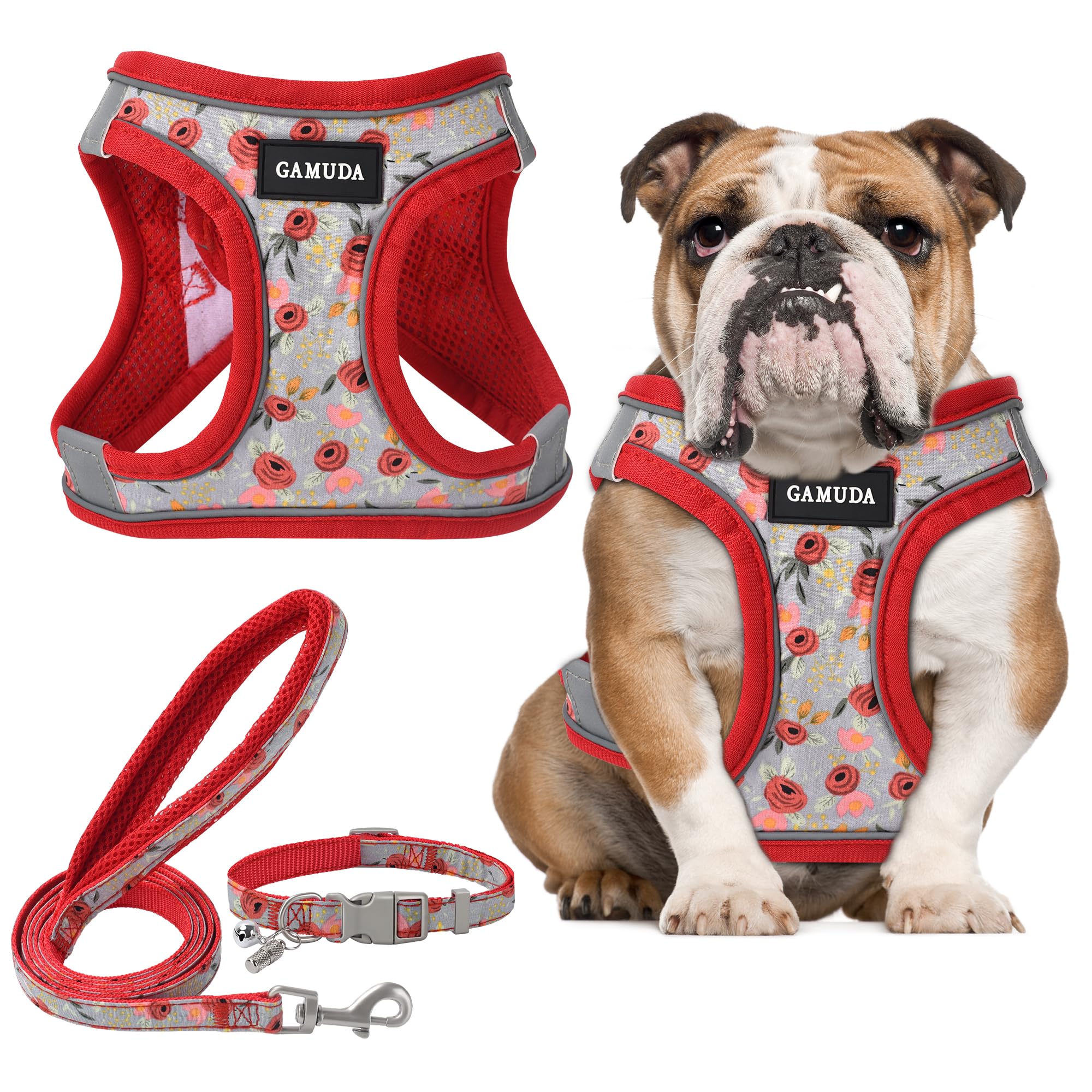 Small Pet Harness Collar and Leash Set, Step in No Chock No Pull Soft Mesh Adjustable Dog Vest Harnesses Plaid Reflective for Dogs Puppy and Cats Outdoor Training (Red Flower, L)
