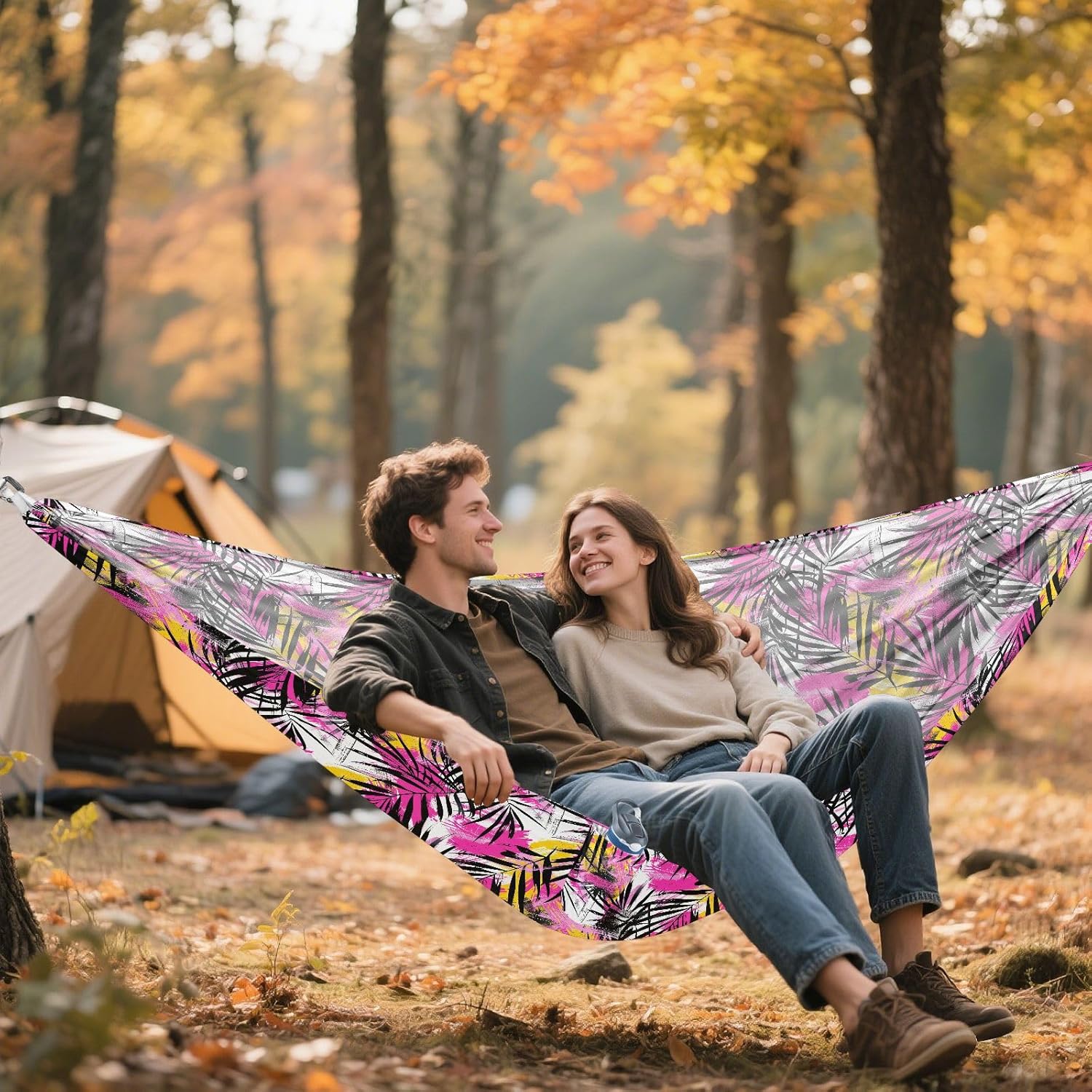 ALAZA Palm Leaf Graffiti Camping Hammocks Single or 2 Person 500 lbs Portable Parachute Travel Hammock w/Tree Straps for Hiking Backpacking Indoor Outdoor