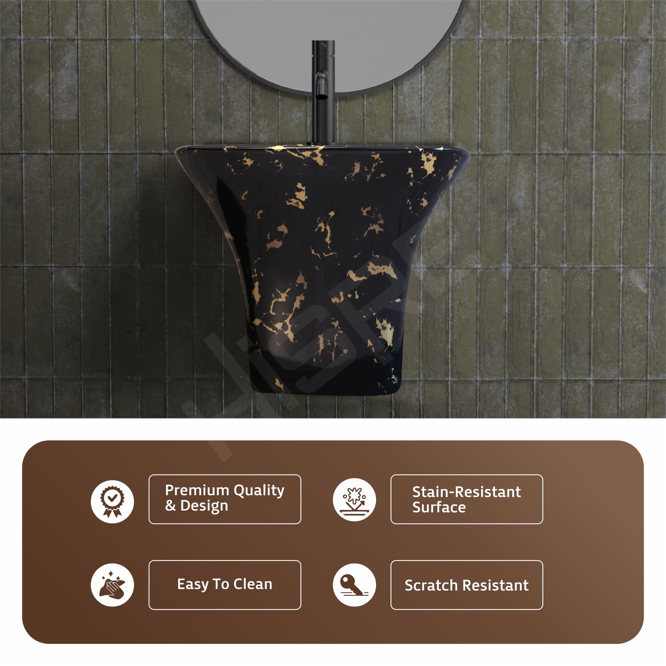 Hisre Modern Wall-Mounted Matte Ceramic Wash Basin with Curved Rectangular Design | Space-Saving Floating Bathroom Sink for Contemporary Interiors (Black 1024), photo 4 of 5