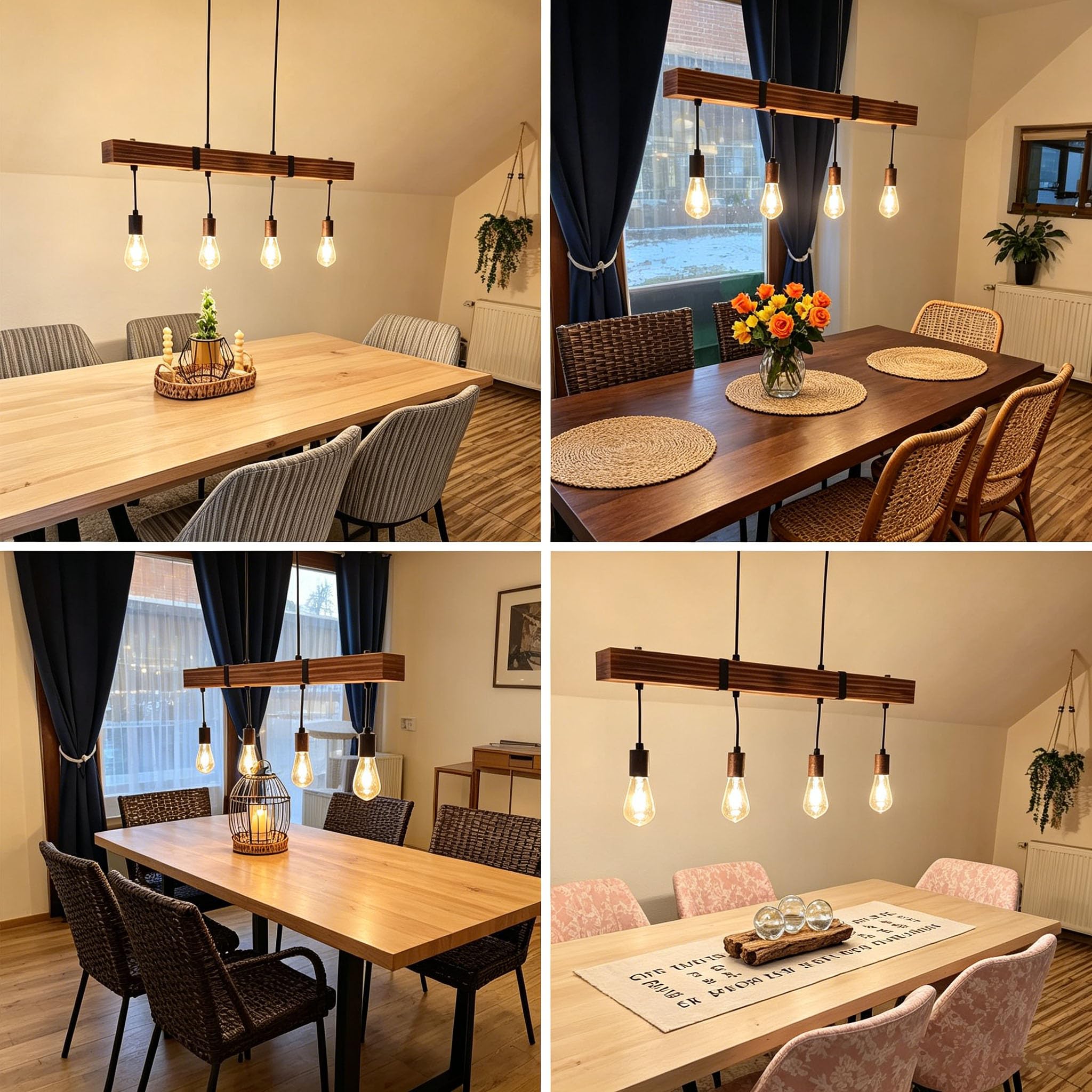 Lámpara de mesa de comedor colgante vintage de madera clara con vigas de | madera de 80CM 4 x E27 máx. 25 vatios, Lámpara colgante industrial regulable en altura para comedor, cocina, bar, restaurante