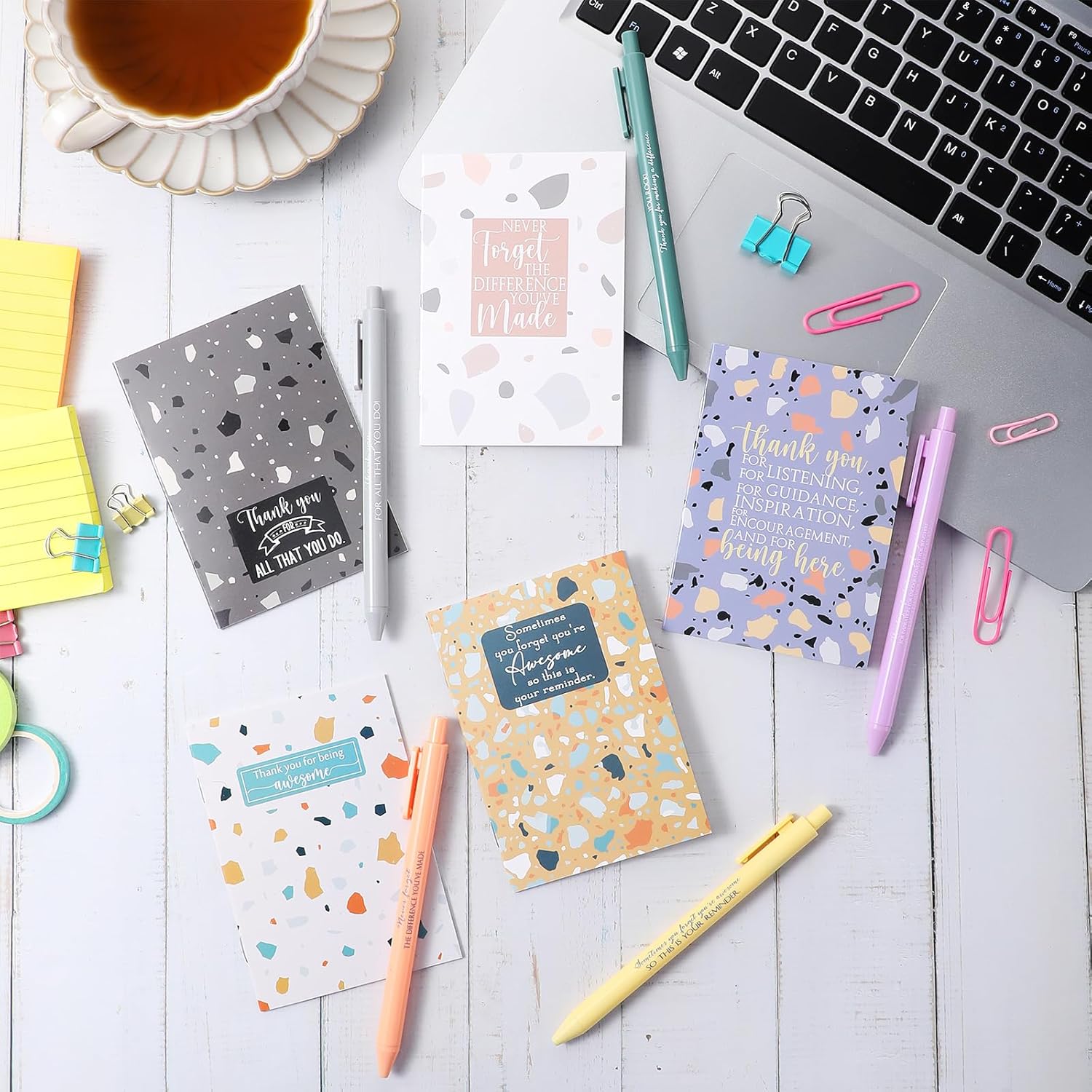 PerKoop 50 Sets Employee Appreciation Gift Mini Pocket Notebook with Pens Bulk Motivational Thank You Gift Inspirational Marbling Notepad with Colorful Pens for Social Worker Volunteer Coworker