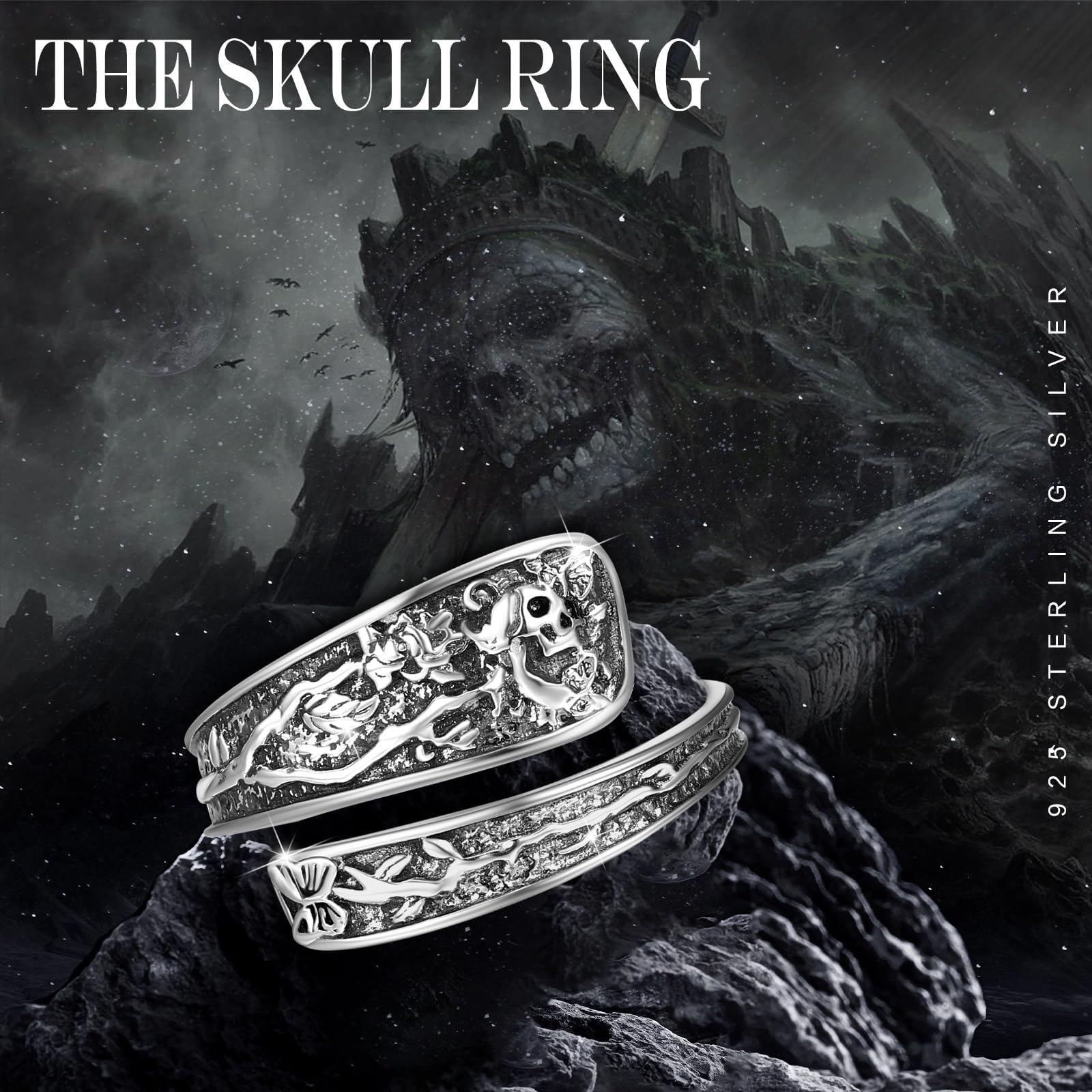 Anillo de calavera abierto de plata de ley 925, anillo de calavera ajustable, anillos góticos Y2K, joyas góticas, regalos de cumpleaños para hombres y mujeres, Plata de ley, Sin piedras