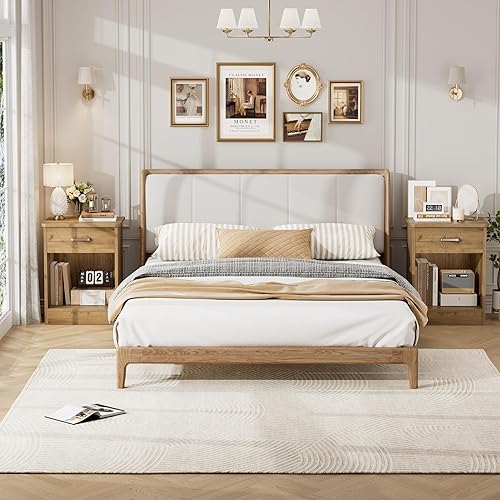 Miniatura 2 de FOTOSOK Juego de 2 mesitas de noche, mesa auxiliar de 2 niveles con cajón y estante de almacenamiento, mesa auxiliar de mesita de noche, mesita de