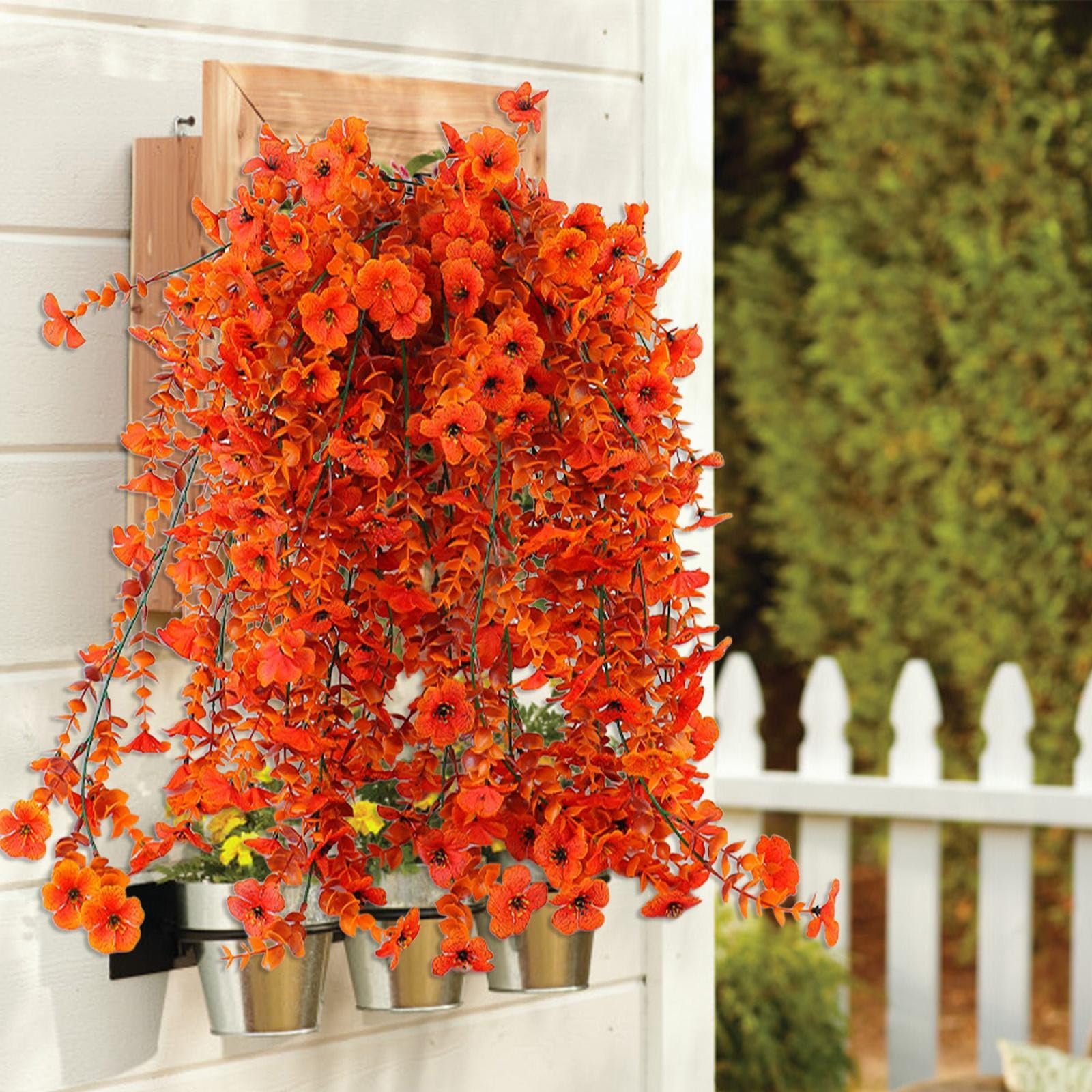 Artificial Hanging Flowers Outdoor - UV-Resistant Fake Artificial Hanging Plants Bouquet Trailing Wall Flower Baskets for Wall Home Garden Yard Wedding Indoor Outdoor Decoration (Orange)