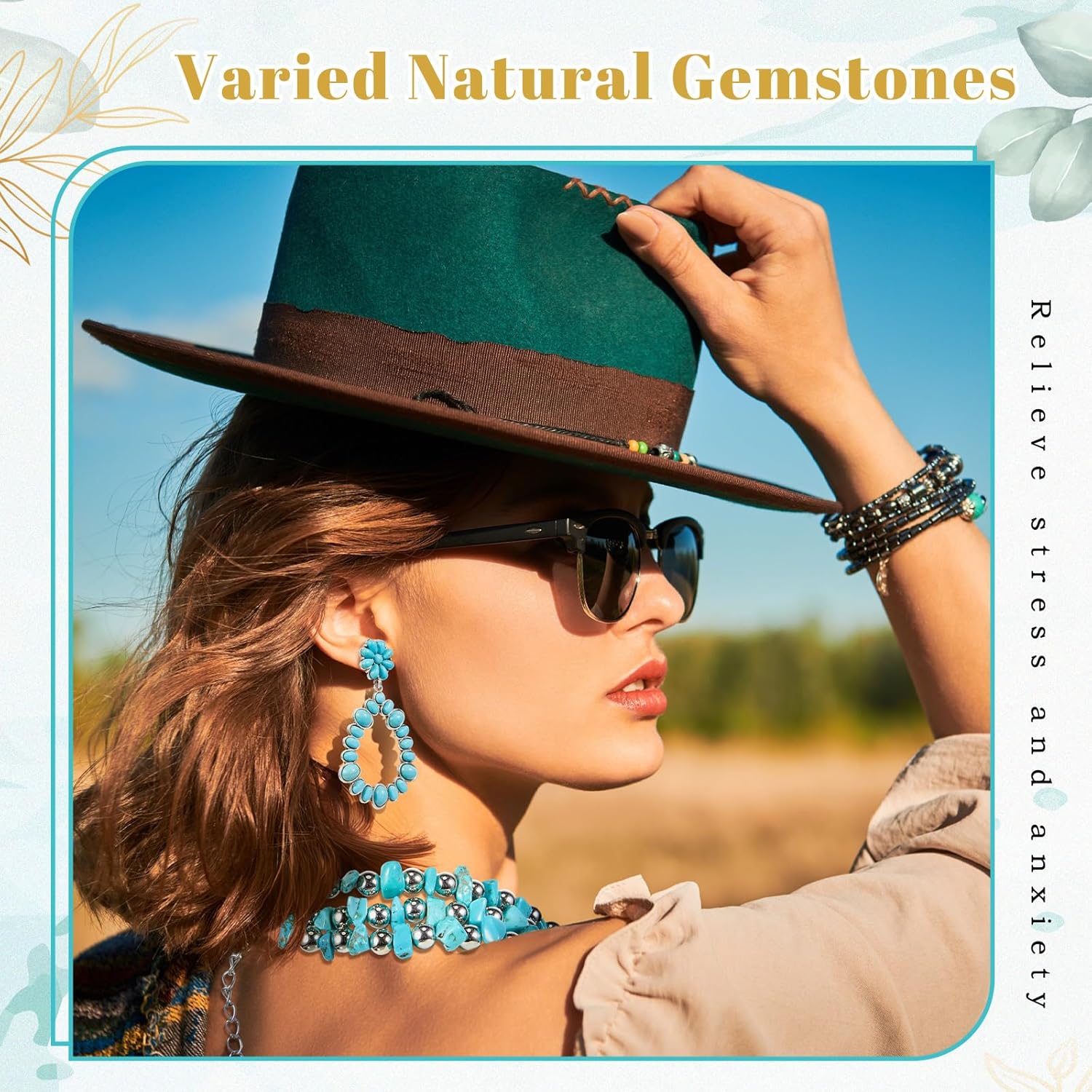 Turquoise Jewelry Set Turquoise Long Beaded Necklaces and Earrings for Women Boho Natural Stone Indian Necklace Bohemian Beaded Jewelry Handmade Vintage Oval Water Drop Earrings - Image 6