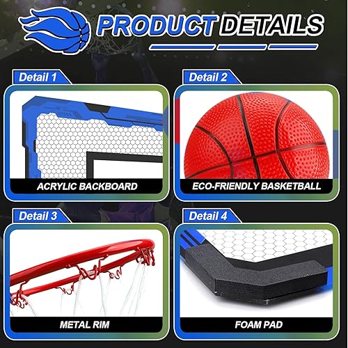 Miniatura 4 de Juego de mini aro de baloncesto para interiores, regalo para niños y adultos, aro mejorado sobre la puerta con 4 bolas de goma de 6 pulgadas, aro de