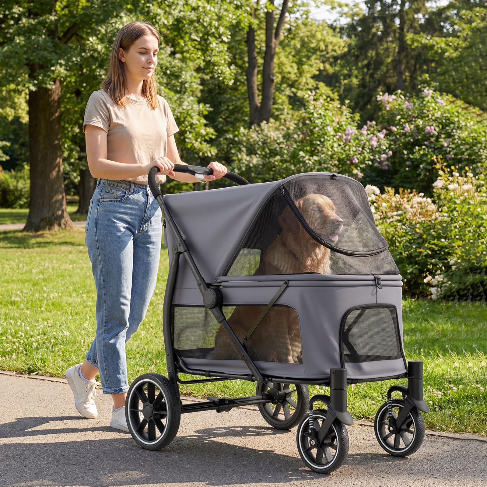COSTWAY Carrito para Perros Plegable Grande, Cochecito para Mascotas con Ruedas, Toldo Ajustable de Malla, Bolsillos de Almacenamiento y Cinturón de Seguridad, Carga 40 kg, 96 x 71 x 102.5 cm (Gris)
