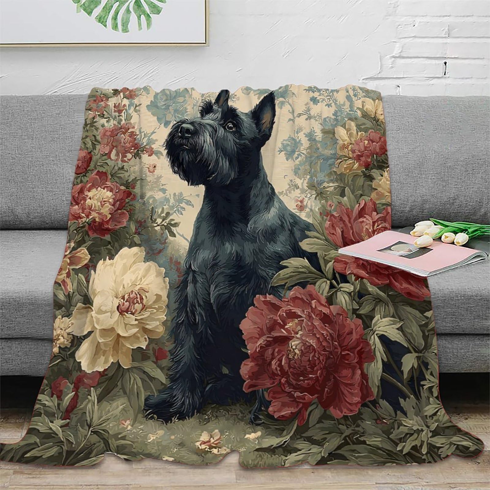 Couverture lit Scottish Terrier imprimé floral : plaid microfibre doux 150x200