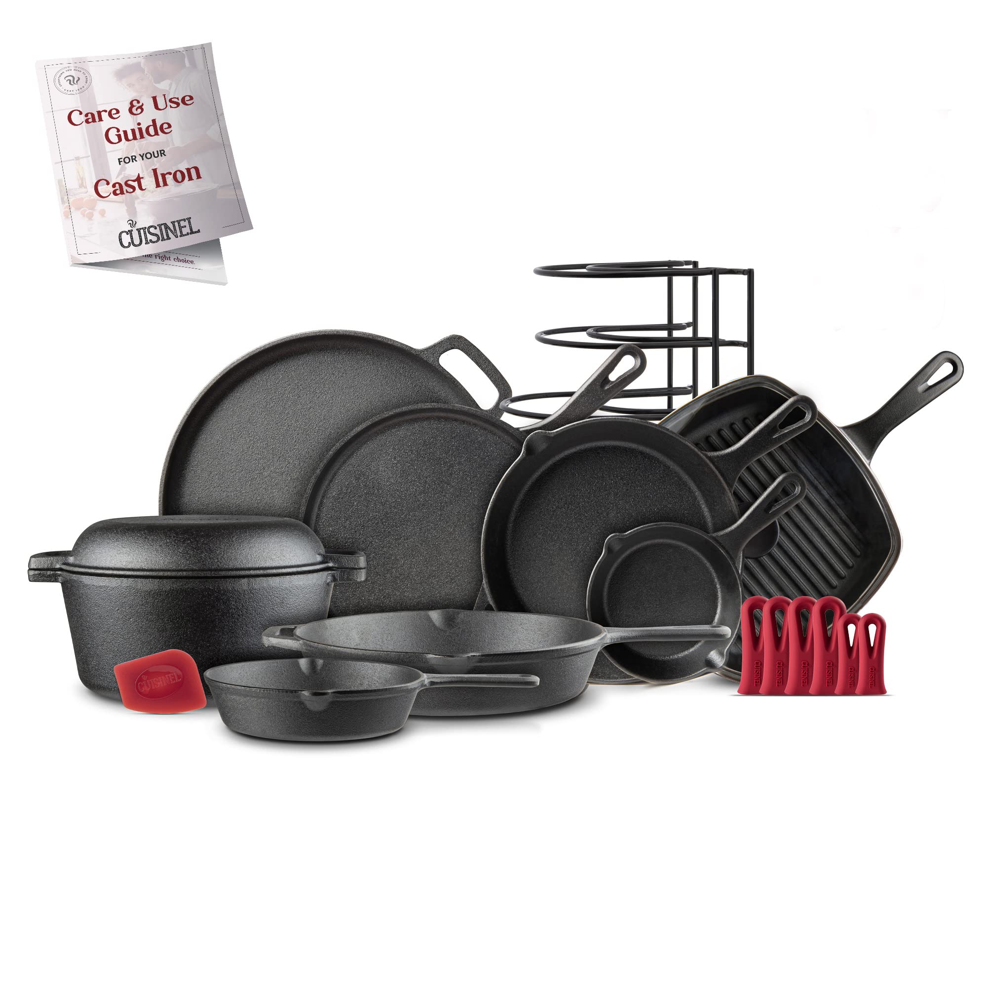 cuisinelCast Iron Cookware 11-Piece Set - Pre-Seasoned 6'' + 8'' 10'' 12'' Skillet Grill Pan+Lid Griddle Pizza Pan Dutch Oven+Cover/Pan Panrack Silicone Handle Cover Scraper/Cleaner Guide