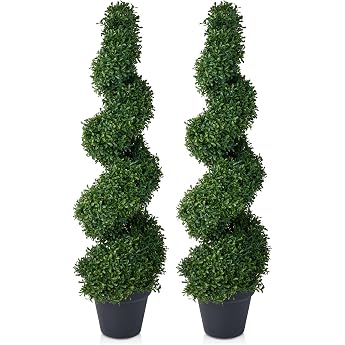 VeriNatural Pack of 2 Artificial Boxwood 90 cm Spiral Artificial Plant - Artificial Plants with 450 Leaves & UV Protection - Artificial Plants Large in Pot for Living Room Garden Office VN238