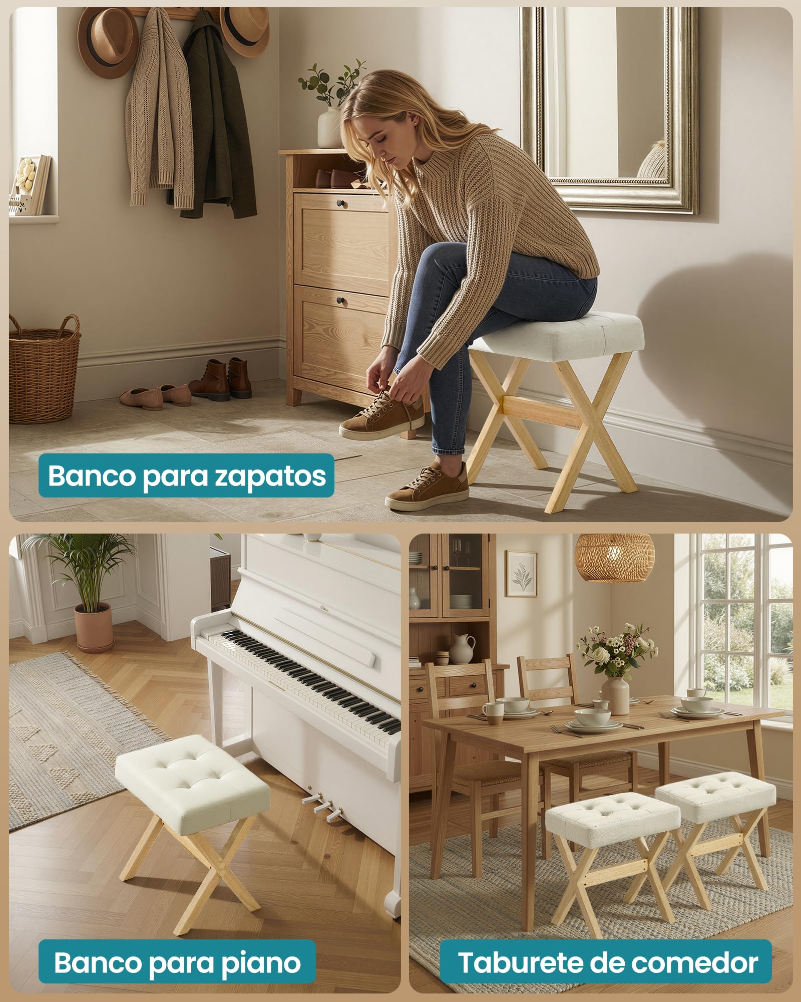 SONGMICS Taburete de Tocador, Taburete de Maquillaje Acolchado, Reposapiés, Patas de Madera, para Dormitorio, Vestidor y Recibidor, 32 x 42 x 46 cm, Beige Arena y Natural LSF006LF02 — view 7