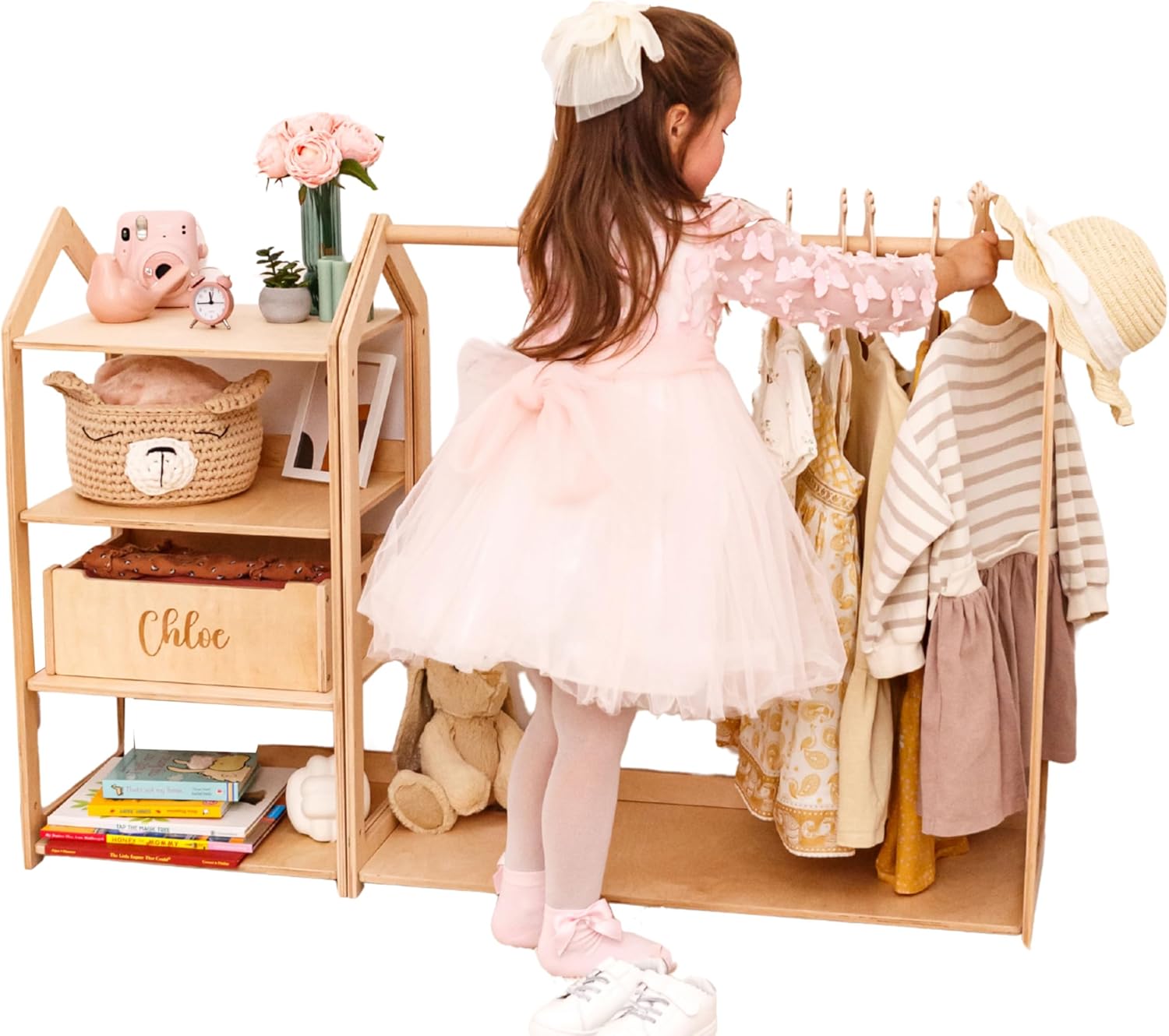 Personalized Montessori Clothes Rack for Kids – Small Dress Up Wardrobe, Hanging Clothes Organizer, Nursery Clothing Storage, Playroom Furniture with Custom Name and Hangers, Shelf Wardrobe Closet