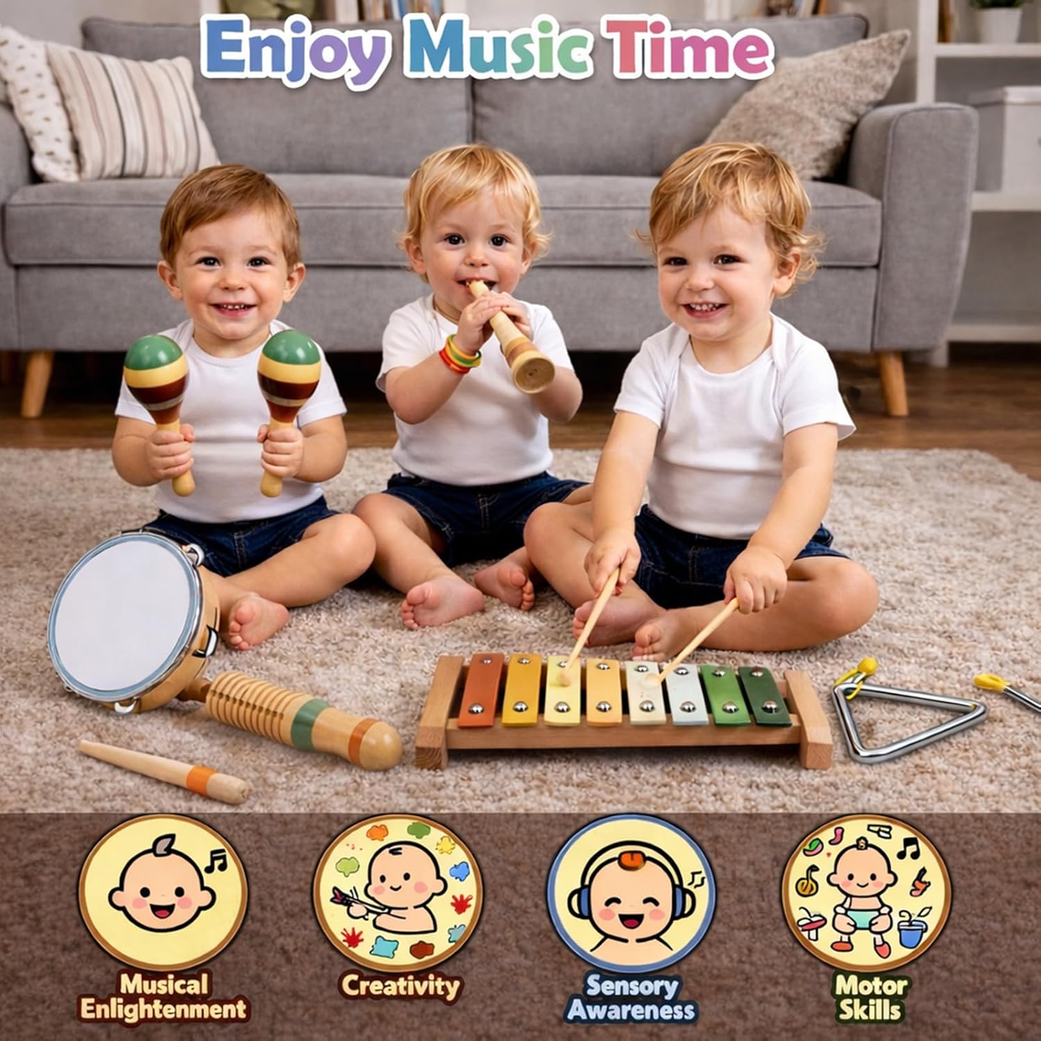 Wooden Musical Instruments Set for Toddlers 1–3, Montessori Music Toys with Xylophone, Maracas & Tambourine, Soft Sound Indoor Percussion Toys, Early Learning Gift for Boys Girls