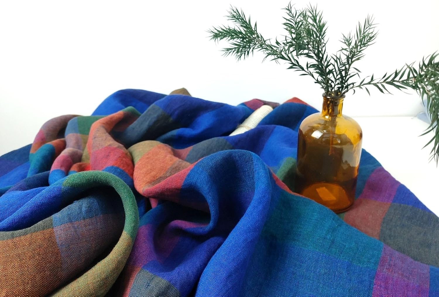 100% Linen Multi Color Big Plaid Fabric Light Weight 7167 Multi Color