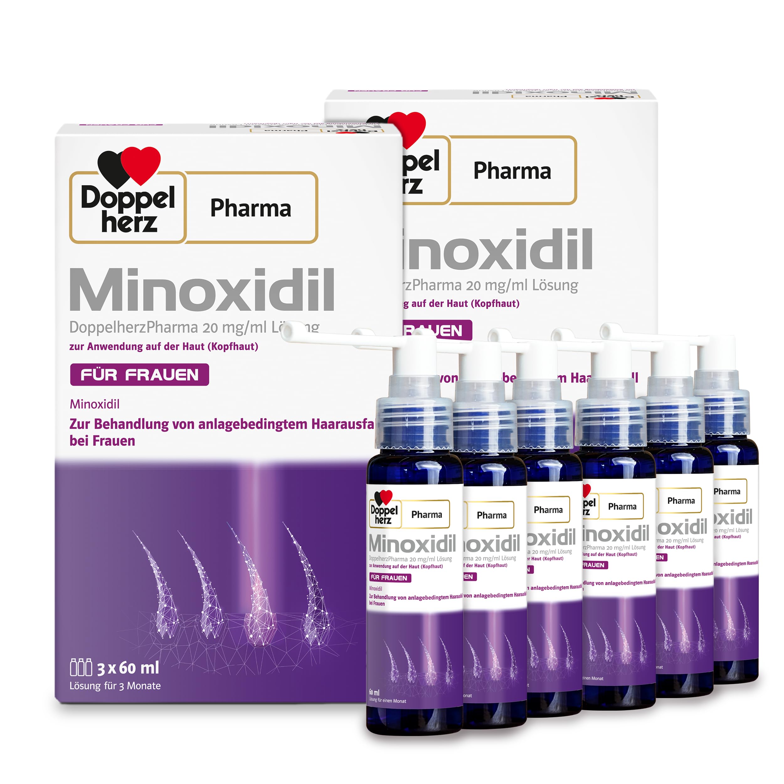 Minoxidil DoppelherzPharma 20mg/ml (2%) Lösung zur Anwendung auf der Haut (Kopfhaut) – Arzneimittel zur Behandlung von anlagebedingtem Haarausfall bei Frauen (2x3x 60ml)