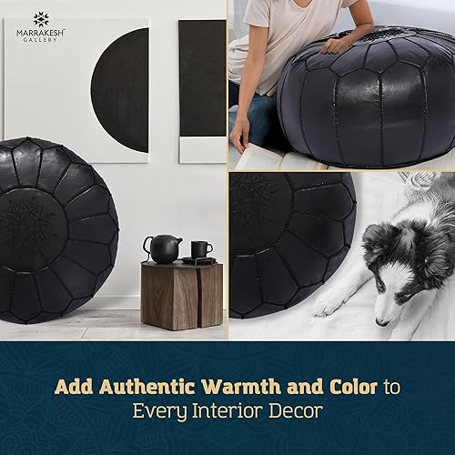 Miniatura 101 de Marrakesh Gallery - Funda de puf marroquí, otomana redonda y grande de piel, decoración bohemia para sala de estar, reposapies, sin relleno Marrón