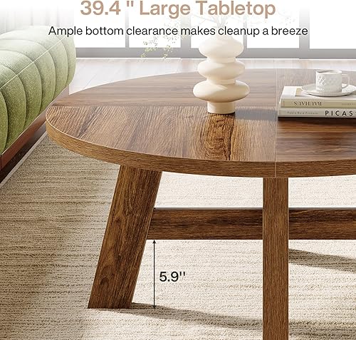 Miniatura 6 de Tribesigns Mesa auxiliar redonda, mesas de centro redondas modernas de mediados de siglo con soporte cruzado reforzado, mesa central baja de madera