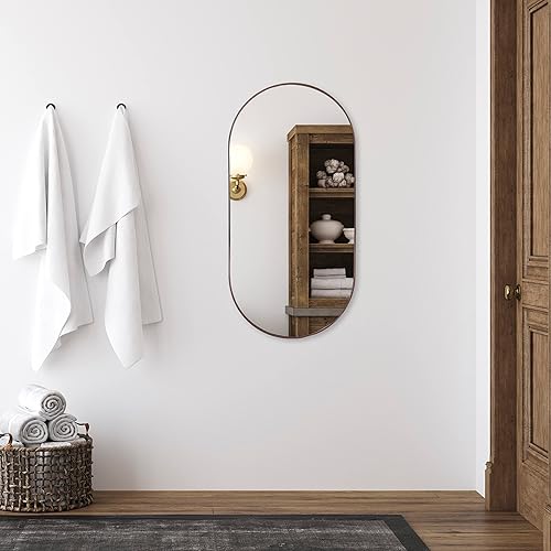 Miniatura 6 de Camden Reed Espejo de pared de metal en forma de píldora de 19.5 x 39.5 pulgadas, espejo de baño, espejo de dormitorio, espejo para tocador, nogal