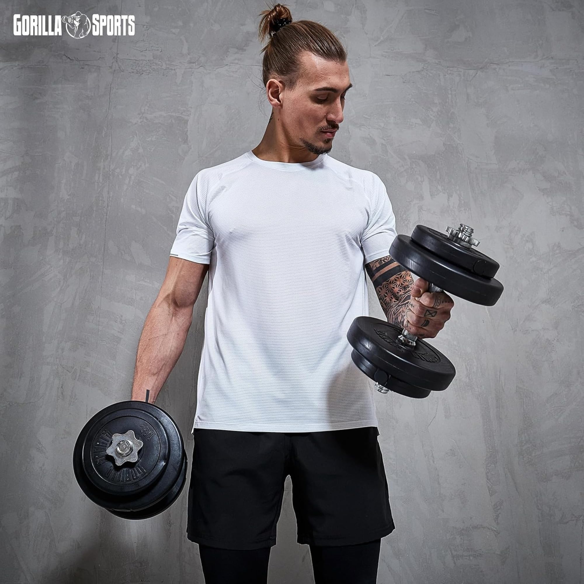 GORILLA SPORTS® Juego de mancuernas – 60 kg, 100 kg o 130 kg, barra larga de 170 cm, 2 mancuernas, discos de plástico de 30 mm, con cierres de estrella – Juego de mancuernas, mancuernas, pesas y