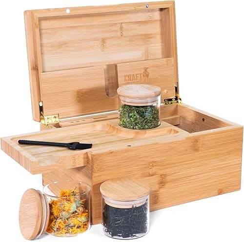 Miniatura 1 de CraftSaints Caja de almacenamiento de bambú con bandeja rodante, cepillo grande para contenedores de madera y 3 tarros herméticos, diseño mejorado