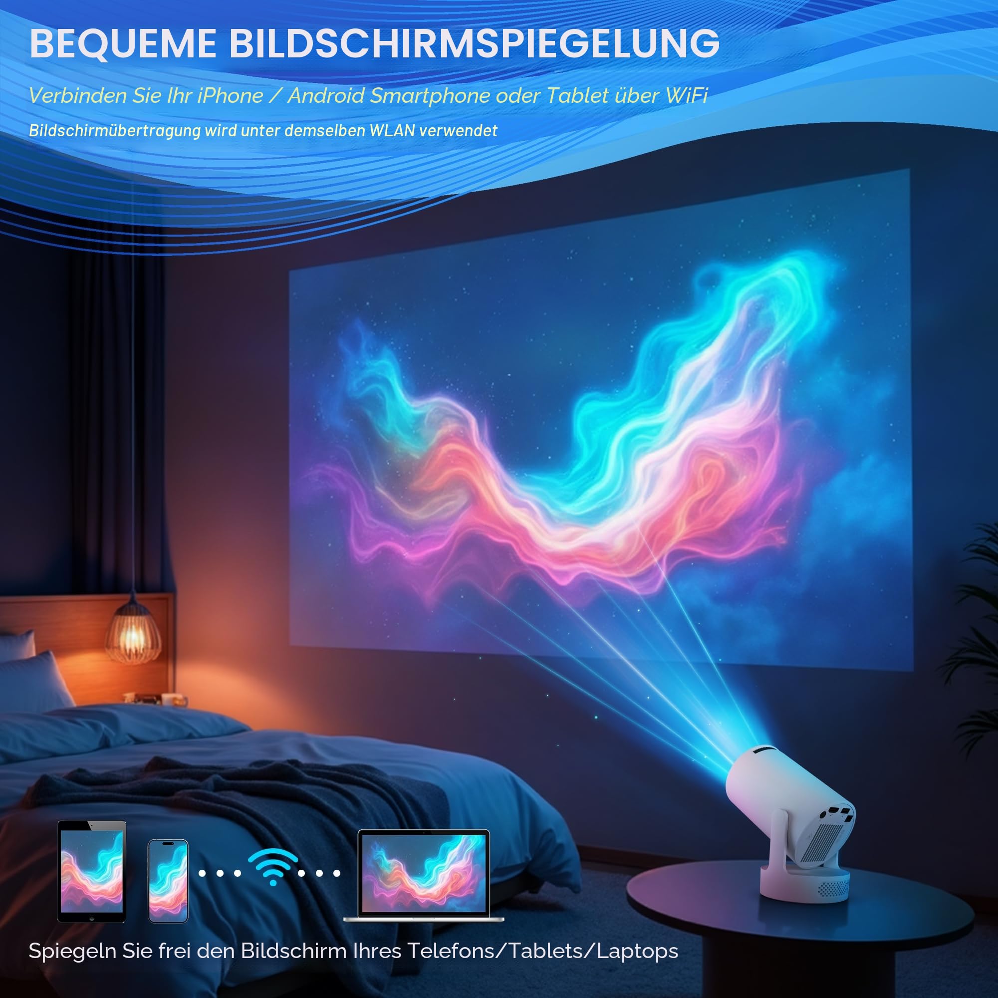 Mini Projektor 4K Beamer Tragbarer Minibeamer 2.4/5G Dual WiFi6 Android 11 1080P Full HD unterstützt für Telefon/PC/Lap/Stick HDMI Heimkino Externer Lautsprecher
