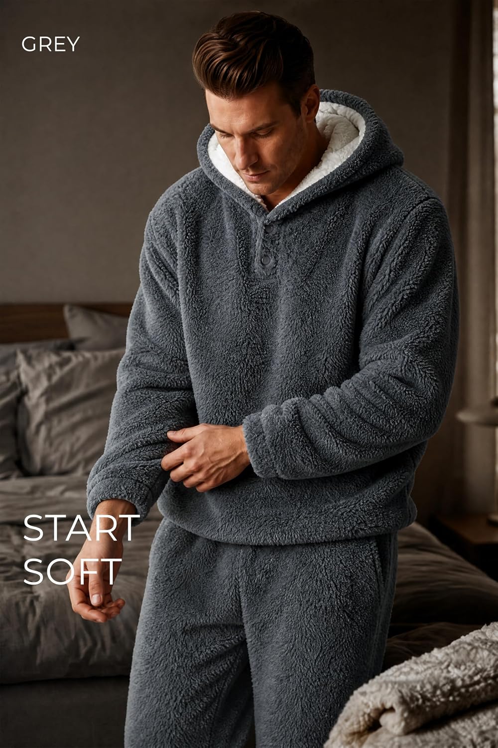 U2SKIIN Mens Teddy Fleece Pajama Set Hooded Sleepwear for Men 2 Piece Lounge Set Long Sleeve Plush Warm PJs with Pocket S-XXL
