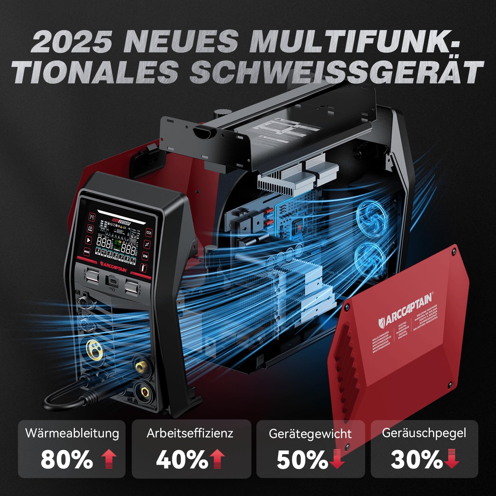 ARCCAPTAIN MIG205MP 9 in 1 iControl App‑steuerung MIG‑Schweißgerät/Plasmaschneider/Puls‑MIG/Flux‑Core/Spool Gun/DC HF/Lift TIG/Clean/MMA‑Aluminium‑Schweißgerät 230V Mehrprozess‑Schweißgerät