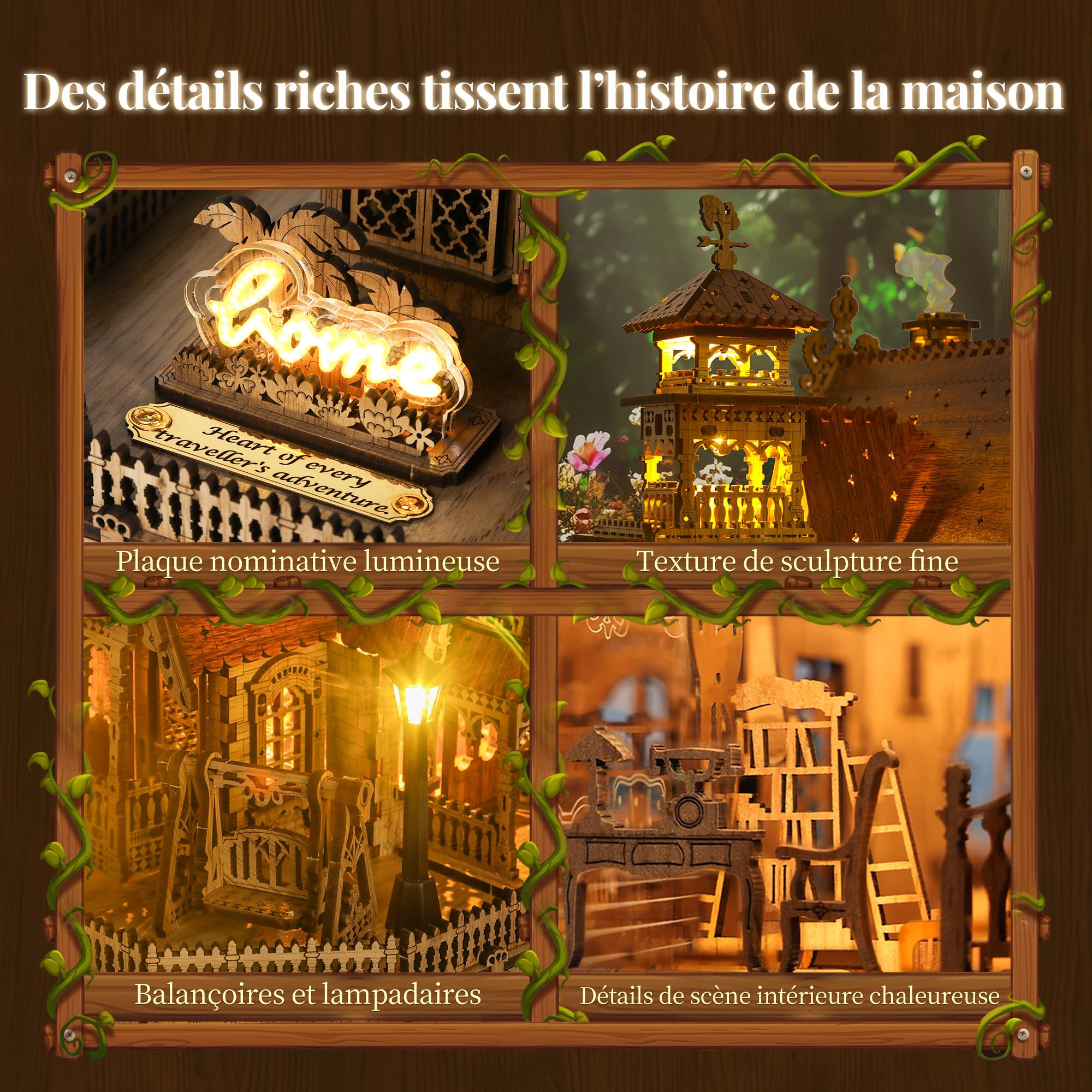 FUNPOLA LED Puzzle 3D en Bois – Modèle de Cottage Champêtre Kit de Construction Miniature DIY avec Lumières LED – Maquette Architecturale Rurale 3D pour Déco Maison – Puzzle 3D pour Adultes