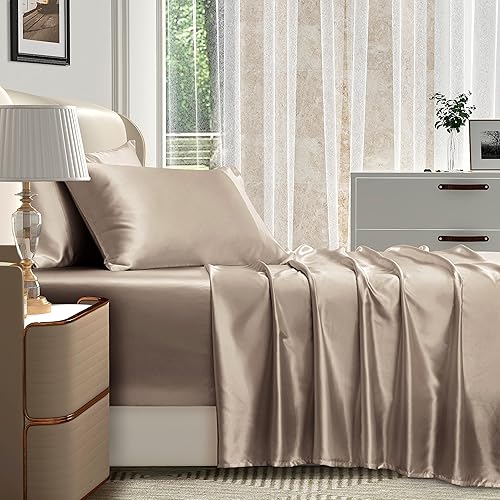Miniatura 3 de Homiest Juego de sábanas de satén de 4 piezas con bolsillo extra profundo, juego de sábanas de satén de 18 a 24 pulgadas, juego de sábanas de satén