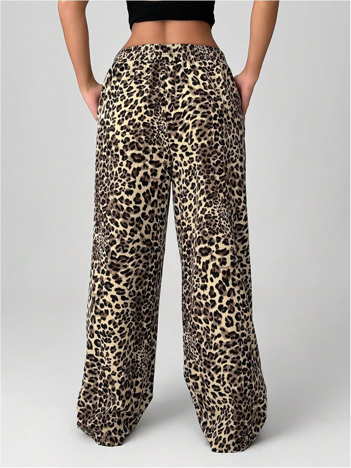 Women's Letter Leopard Print Straight Leg Pants Elastic Waist Y2K Trousers Bottoms with Pockets - Image 2