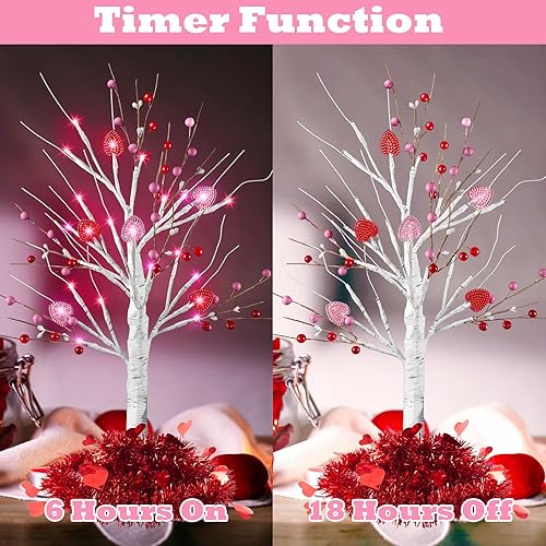 Miniatura 2 de Ruidazon Paquete de 2 decoraciones para el día de San Valentín, árbol de San Valentín iluminado de 24 pulgadas con adornos de oropel rojo con forma