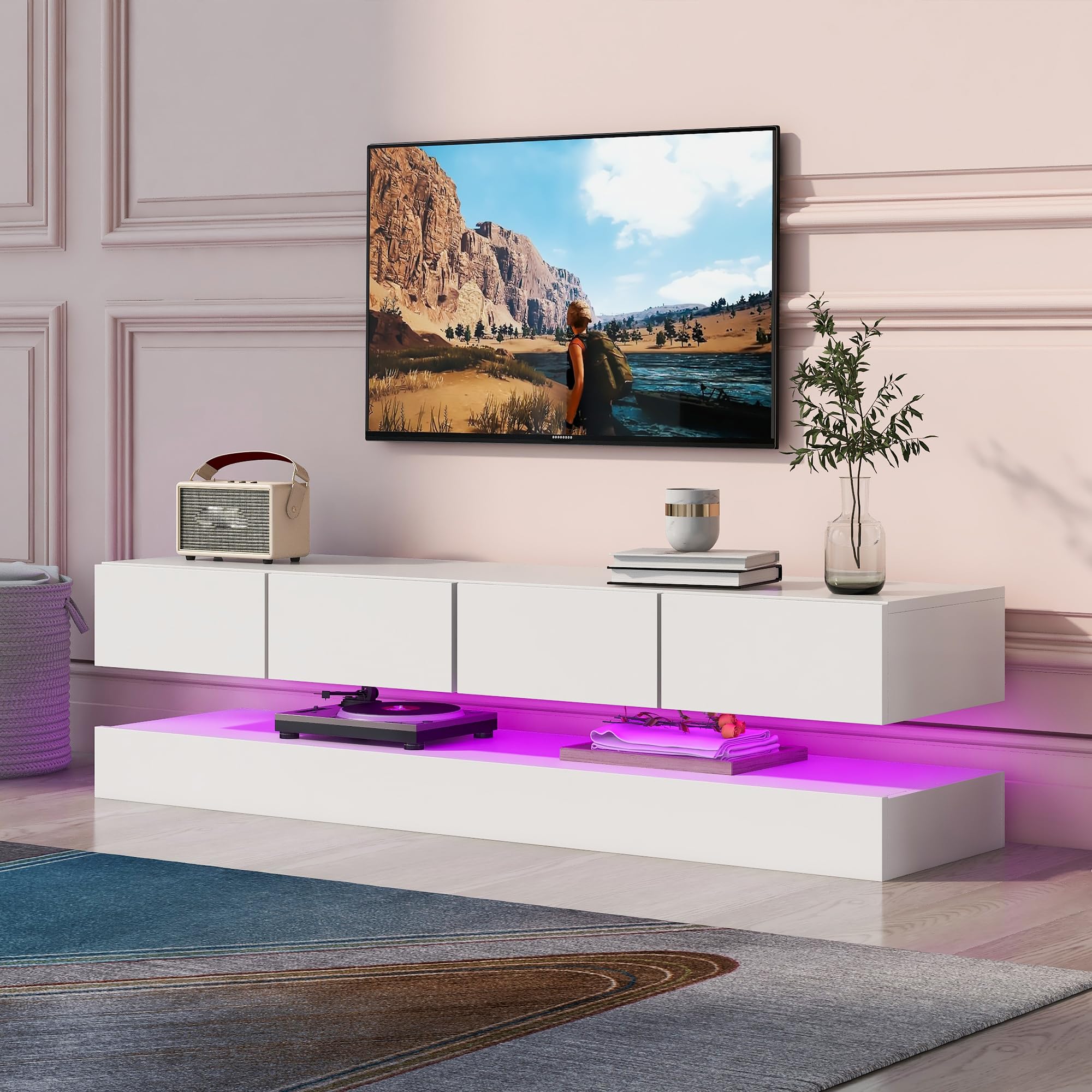 Szafka pod telewizor wisząca na ścianie, szafka TV z 2 drzwiami i 4 szufladami, biała, wysoki połysk, meble multimedialne, wiszący mebel telewizyjny do 55 cali, płyta MDF 130 x 33 x 15 cm, szafka