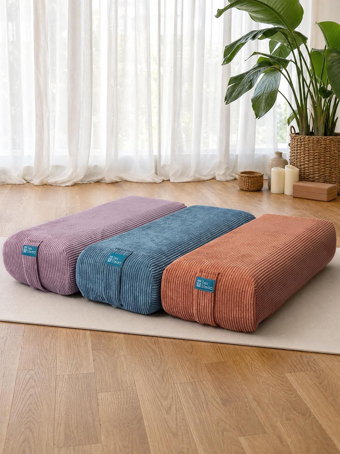 Yoga Bolster Pillow for Meditation and Support - Rectangular Foam Cushion with Removable Corduroy Cover, Machine Washable Suede-like Pillowcase & Convenient Carry Handles for Women Blue 1PC