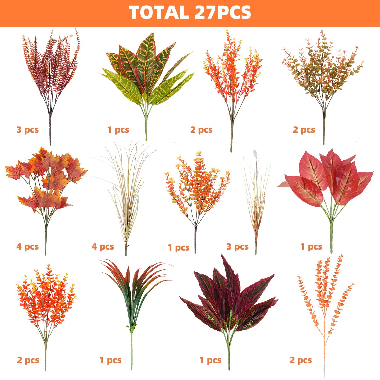 27 piante finte per esterni, fiori autunnali artificiali resistenti ai raggi UV, foglie d'acero finte autunnali, steli autunnali per il Ringraziamento da appendere portico anteriore da