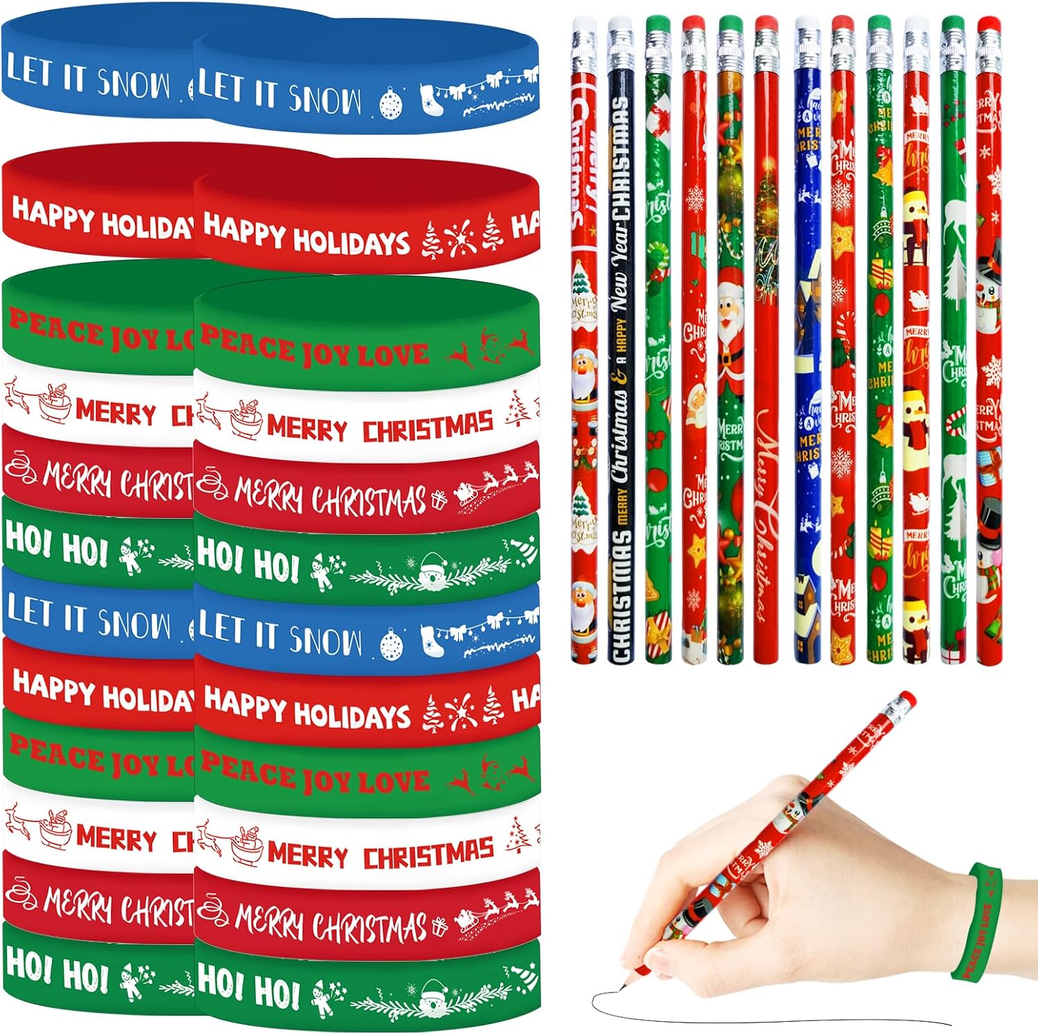 48 Pcs Christmas Pencils Set 24 Pcs Christmas Pencil Xmas Pencil 24 Pc Christmas Silicone Bracelets Silicon Wristbands Christmas Stocking Stuffers (Classic)