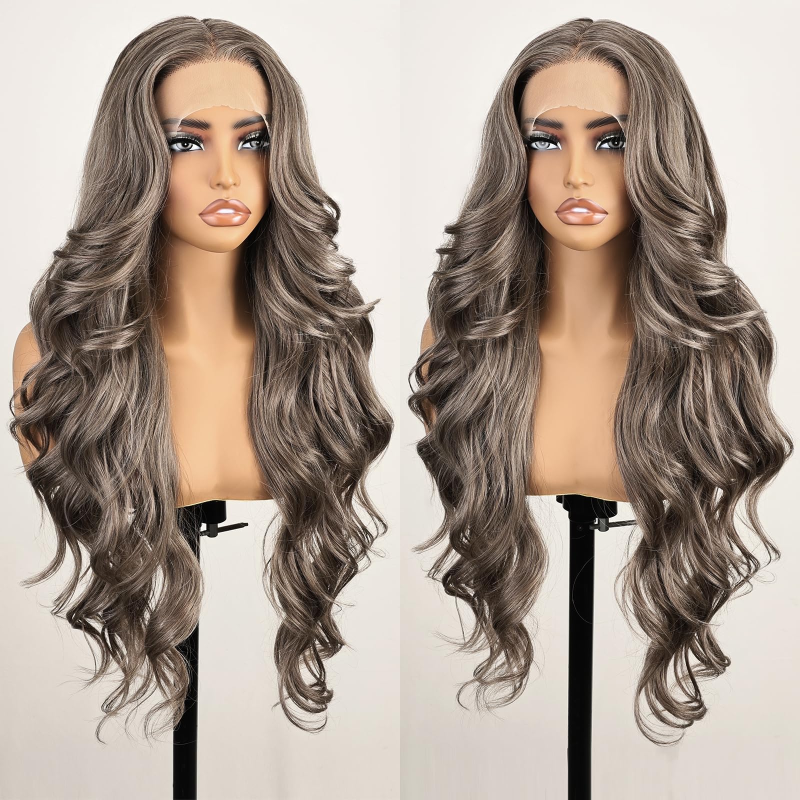 FABLLE Pink Lace Front Wig - 30 Inch Glueless Body Wave Synthetic Wig with Baby Hair Gradient Pink Color: 30 Inch Ash Blonde