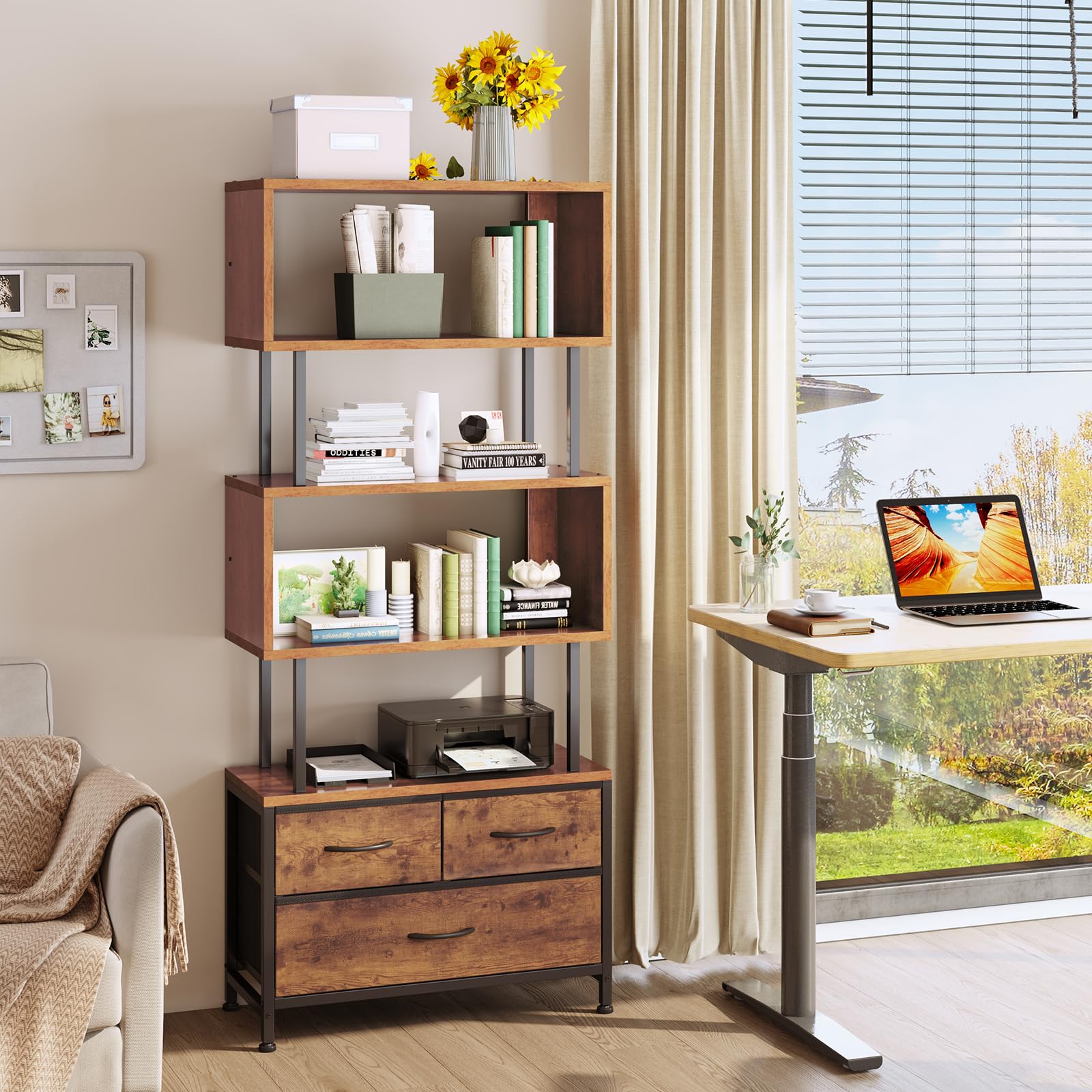 Coleshome 5-Etagen Bücherregal Schmal 3 Schubladen, Standregal, Vintage | Einfache Montage Kompakt Offene Regale Kippschutz Kratzfest Aufbewahrung Wohnzimmer Schlafzimmer Büro Geräuschlos