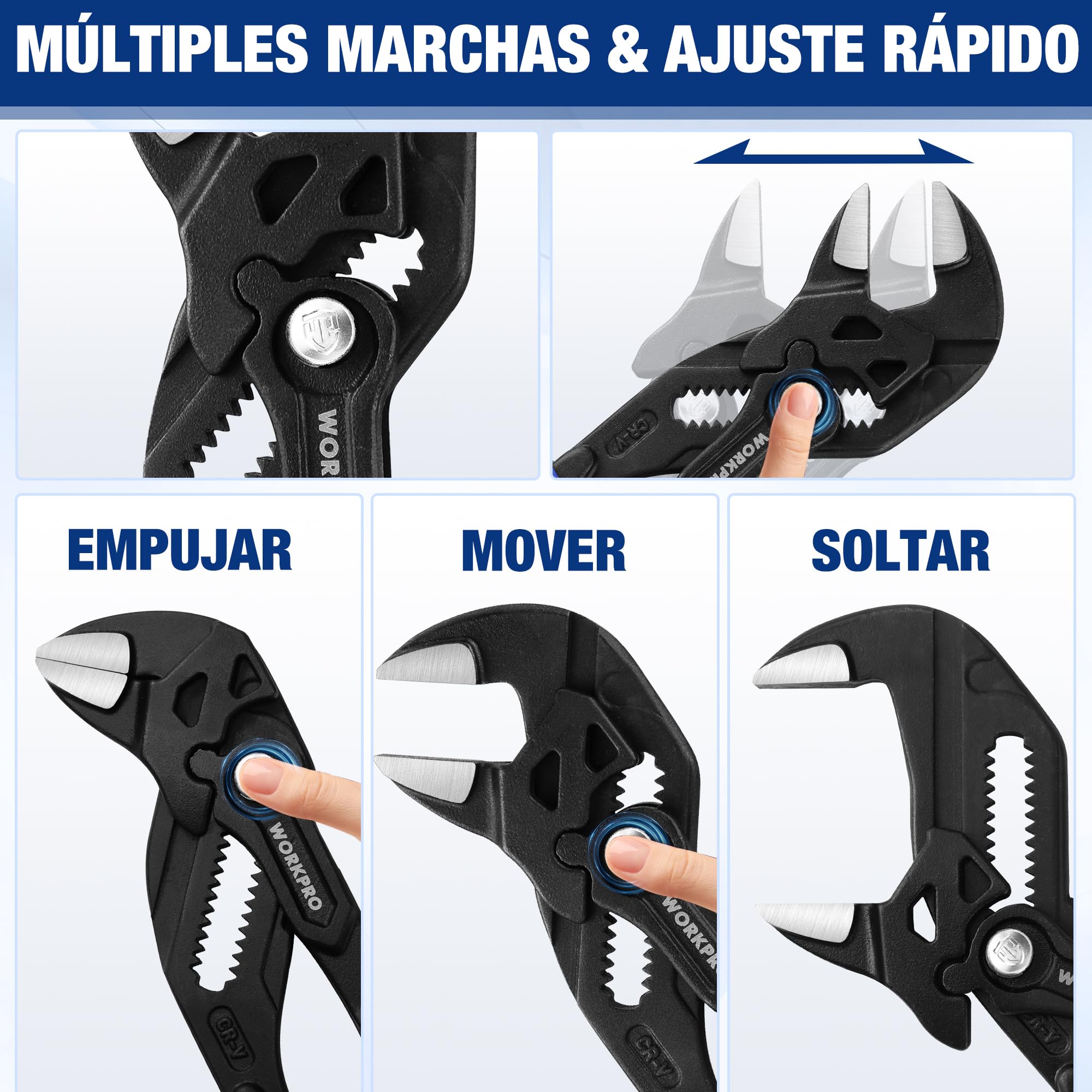 WORKPRO Tenaza Llave de 2 Piezas, 180mm/255mm, Juego de Llave de Alicate de Cr-V, Llave Ajustable, Tenazas con Mandíbula de Autoajuste, Apertura Máxima de Mandíbula 40mm/50mm