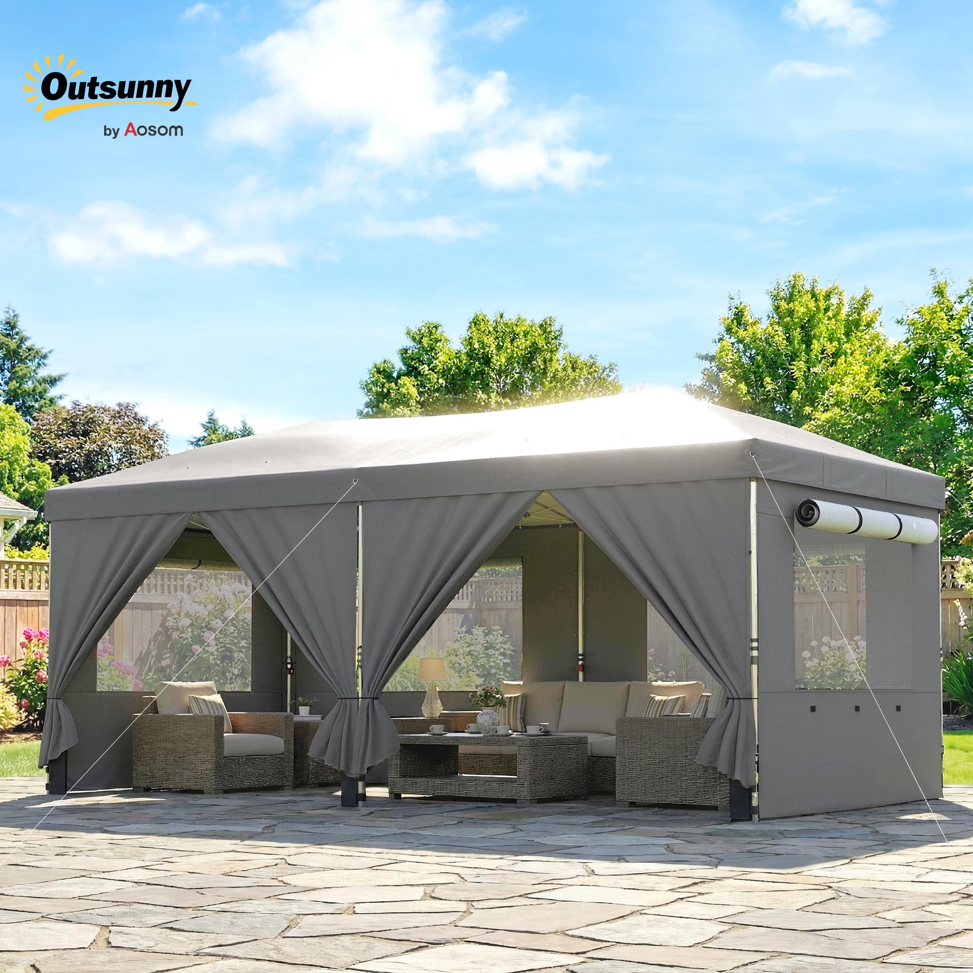 Outsunny Tonnelle de Jardin Pliante 3x6 m Réglable en Hauteur UV50+ Gris | Tente Pliante Pop Up, 6 Parois Latérales, 6 Sacs de Sable, Sac de Transport à Roulettes