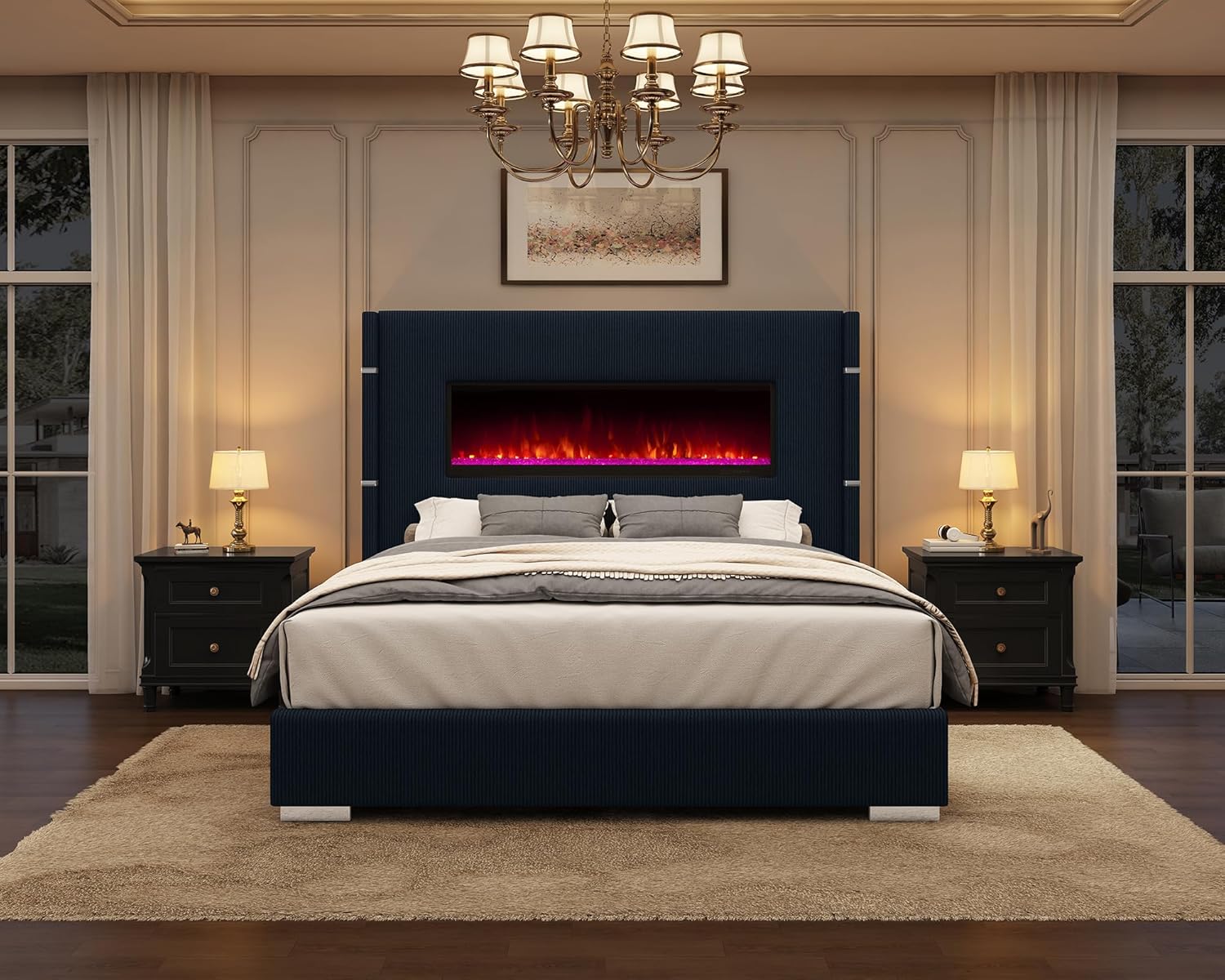 60.4" California King Size Upholstered Bed Frame with Heat-Free Fireplace, Luxury Corduroy Platform Bed with Extra Tall Wingback Headboard, Solid Wood Slats/No Box Spring Needed/Black