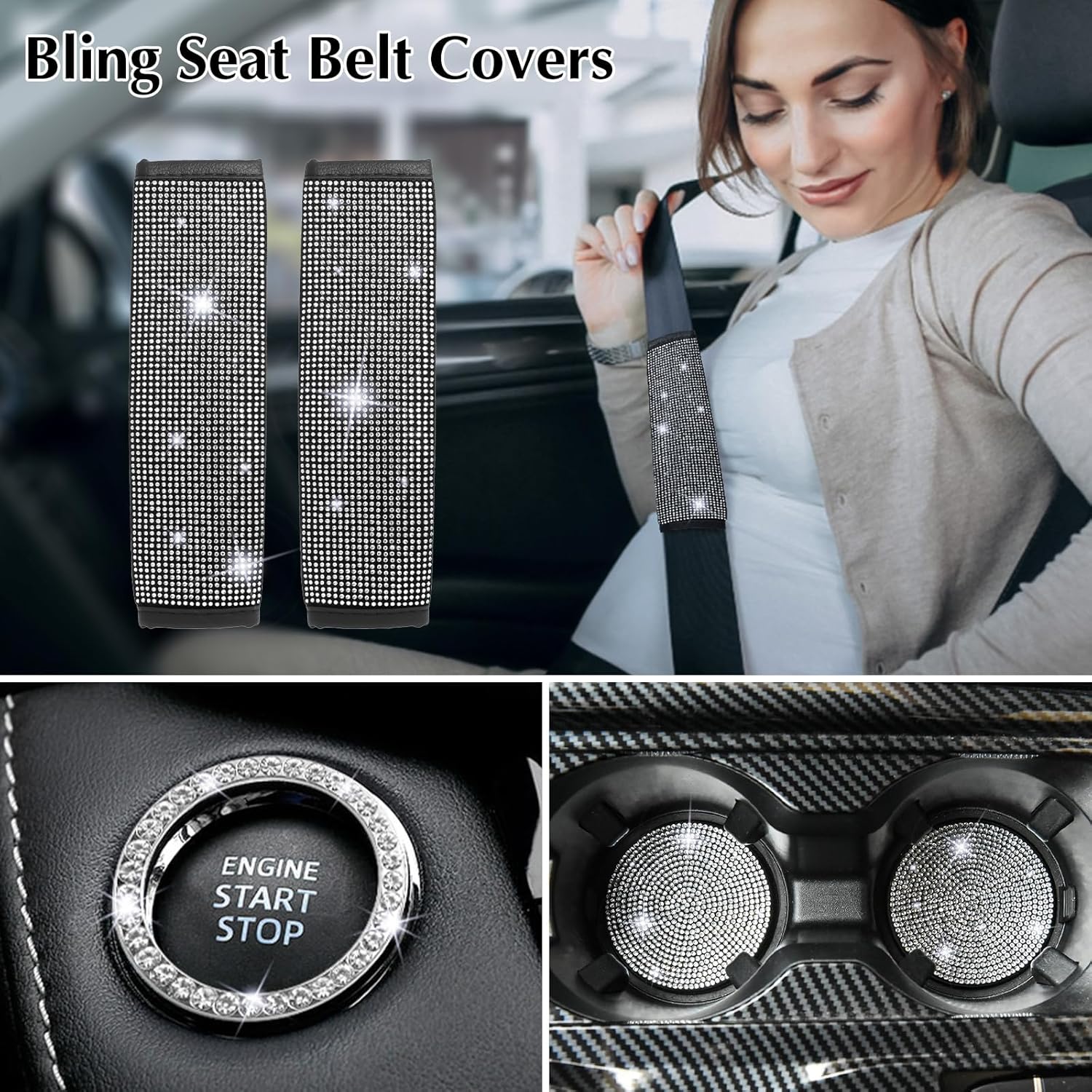 ARTILAURA 11 PCS Bling Car Accessories Set for Women Steering Wheel Covers Butterfly Hanging Seat Belt Cover Cute Air Vent Clips Coasters Glitter Diamond AUTO Interior kit (White)