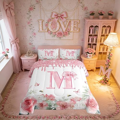 Erosebridal Princess Style Bow Girls Comforter Sets Queen Initial Letter M Kids 