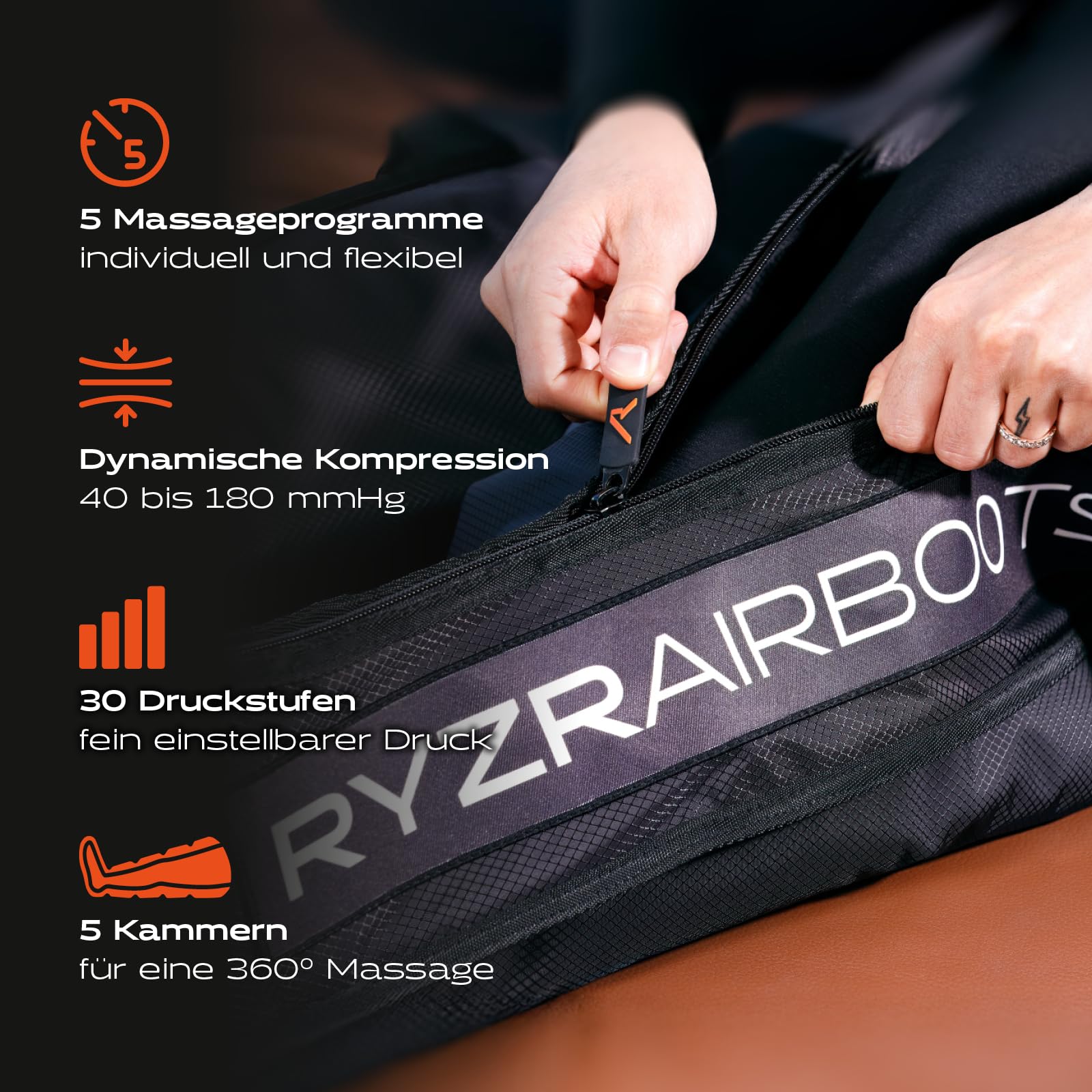 RYZR Airboots (XL) Kabellose Recovery & Kompressions Boots für Beine & Oberschenkel aus dem Profisport– 5-Kammer-System bis 180 mmHg, 5 Modis, Durchblutung, Lymphdrainage & Muskelregeneration