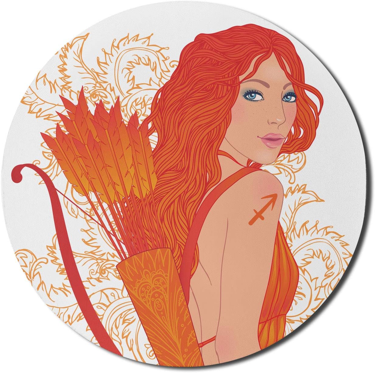 Ambesonne Zodiac Sagittarius Mouse Pad for Computers, Archer Woman with Swirled Leaves Background Cartoon Zodiac Design, Round Non-Slip Thick Rubber Modern Gaming Mousepad, 8 Round, Tan and Vermilion