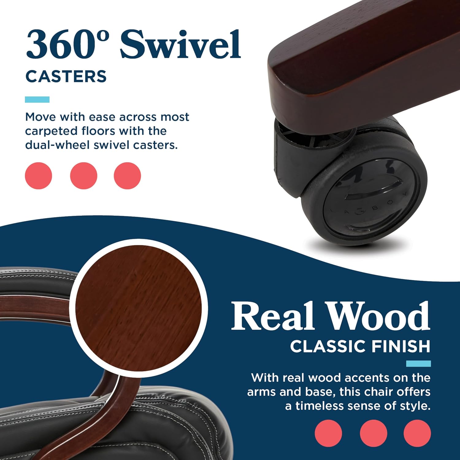 Close-up of the 360-degree swivel casters and real wood classic finish on the chair base and arms