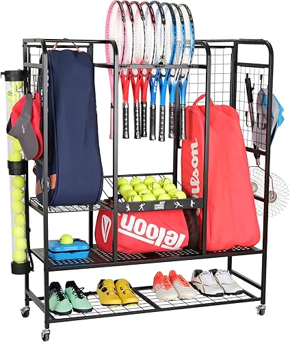 Mythinglogic Estante de almacenamiento para bolsas de tenis, raqueta de tenis y organizador de pelotas, soporte para equipo de tenis para garaje