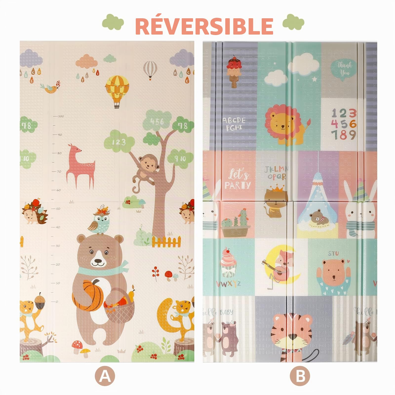 K IKIDO Tapis d'éveil pliable pour bébé, tapis de mousse, tapis de jeu pour bébé, 200 × 180 × 1,5 cm, intérieur et extérieur, double face, imperméable et antidérapant